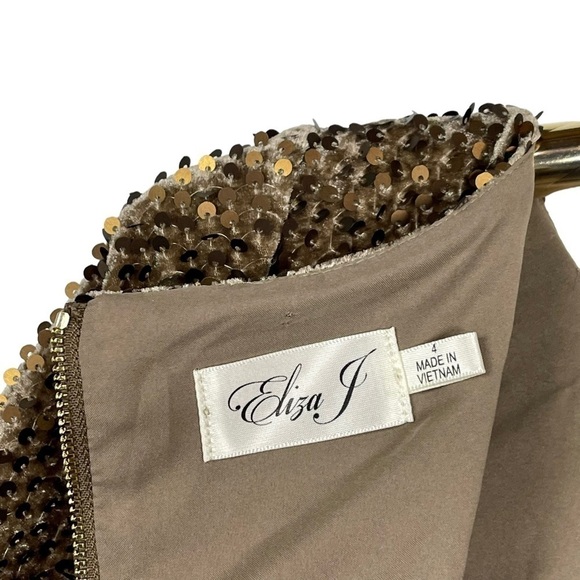 ELIZA J EJ5MO125 VELVET SEQUIN 3/4 SLEEVE BRONZE STRETCH SHEATH COCKTAIL DRESS - Picture 14 of 16